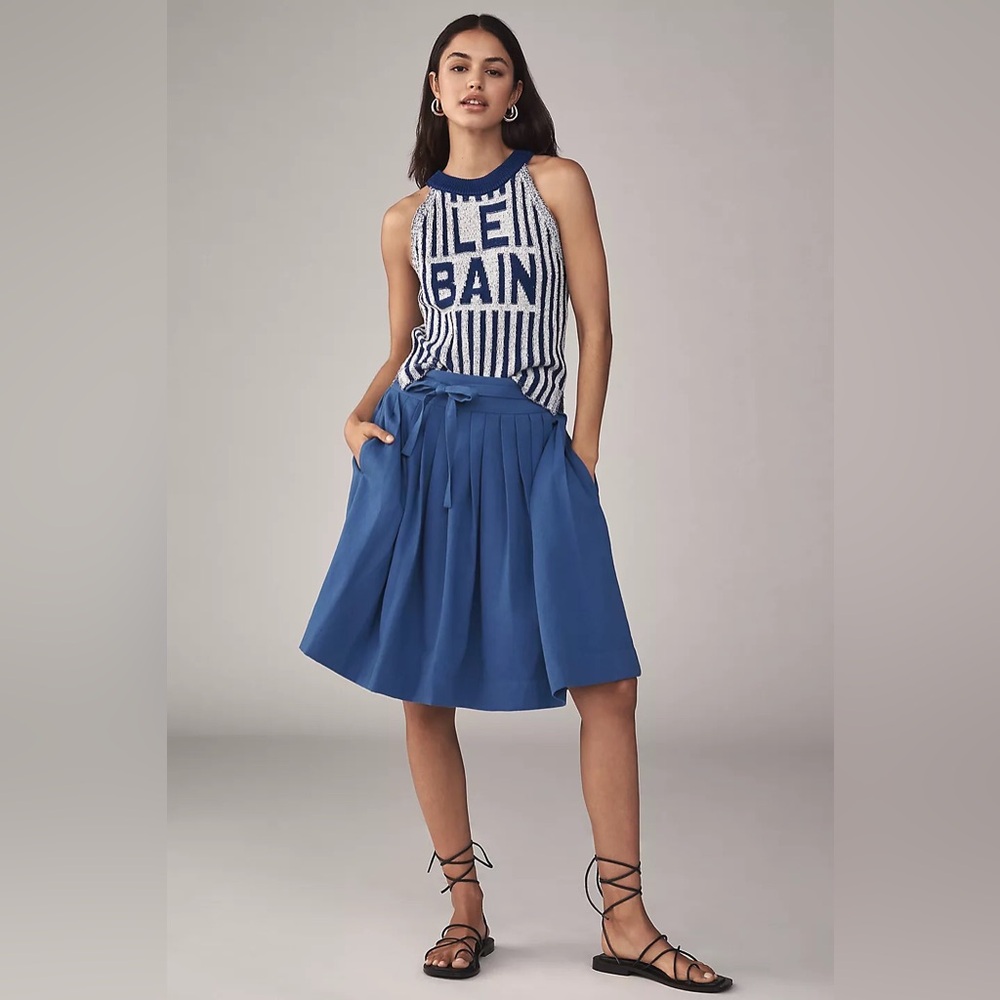 Anthropologie Maeve Bow-Front Pleated Knee-Length Skirt Blue Sz 4 NEW